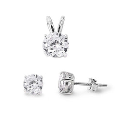 Sterling Silver Fancy Round Clear Simulated Diamonds Stud Earrings and Pendant Set