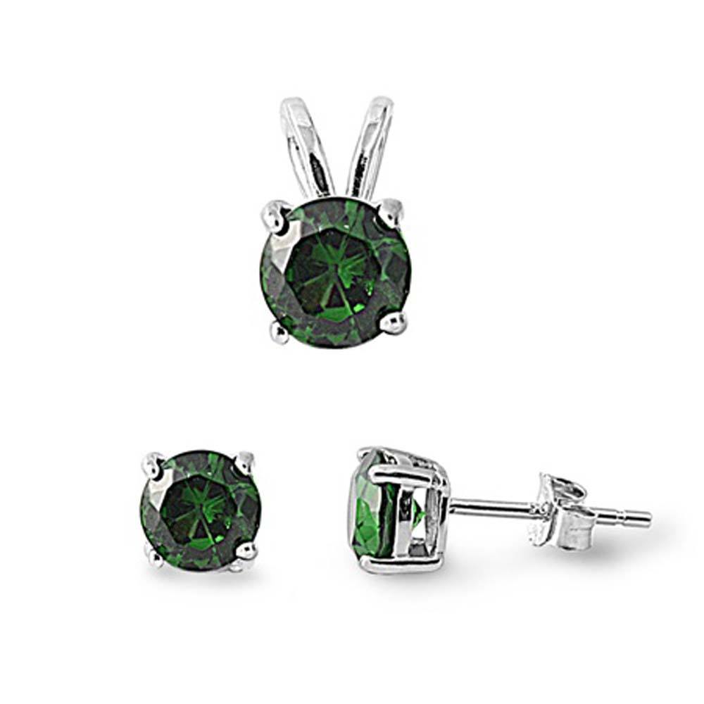 Sterling Silver Round Emerald CZ Stud Earrings and Pendant Set