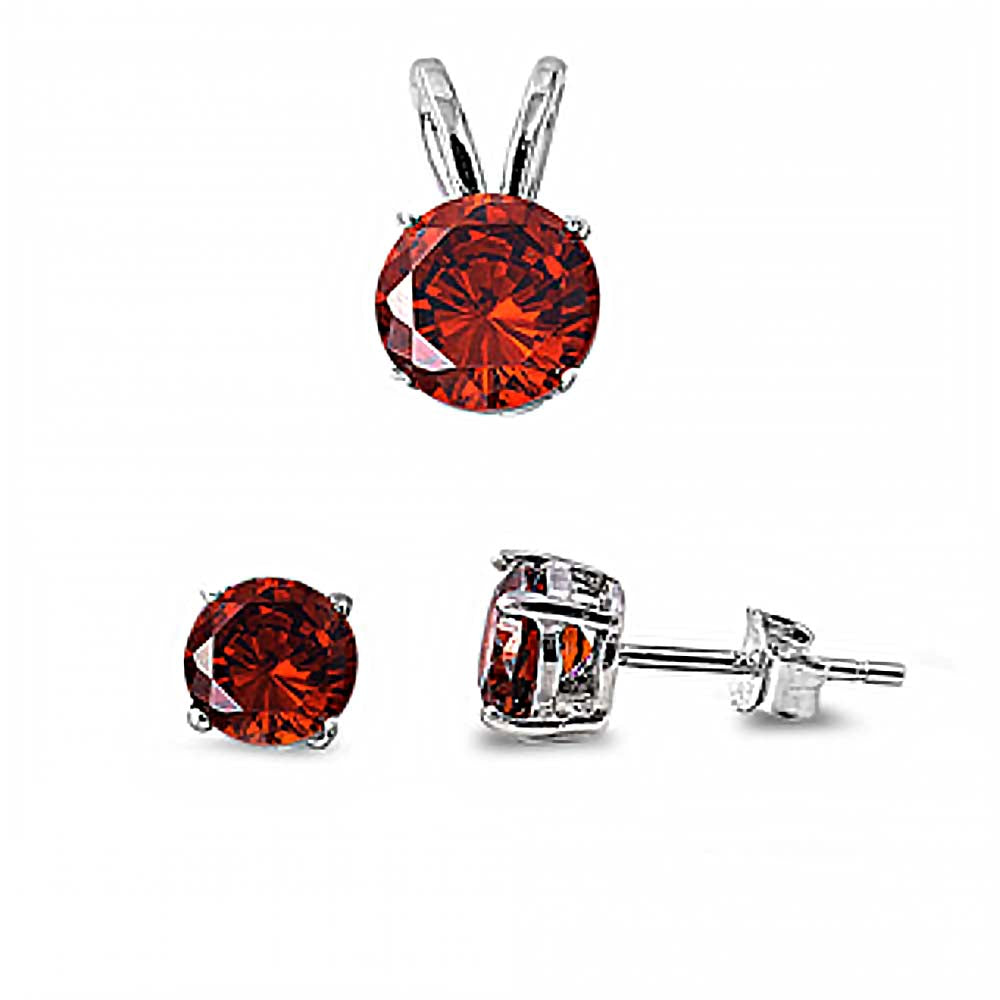 Sterling Silver Round Garnet CZ Stud Earrings and Pendant Set