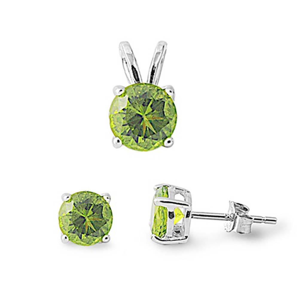 Sterling Silver Round Peridot CZ Stud Earrings and Pendant Set