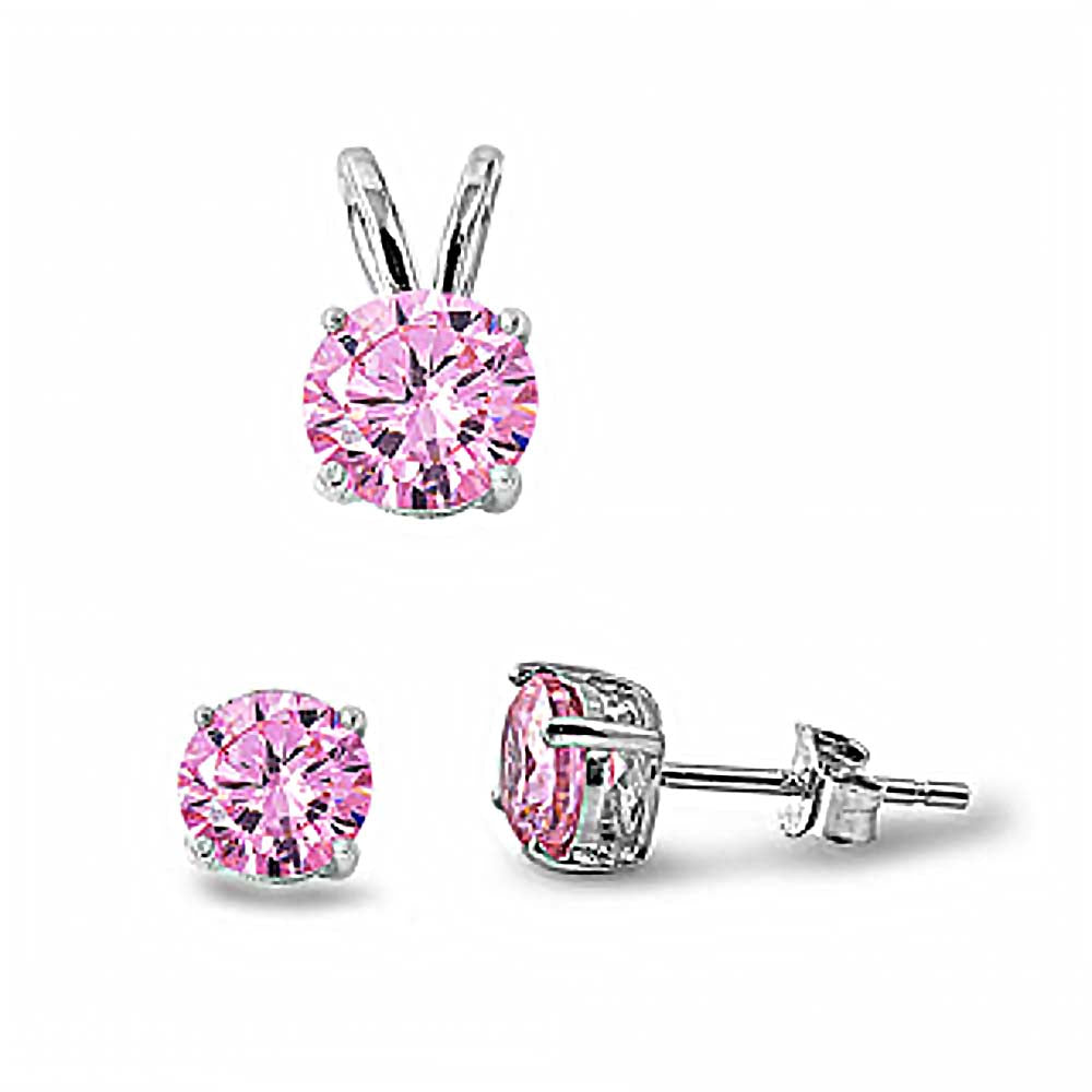 Sterling Silver Round Pink CZ Stud Earrings and Pendant Set