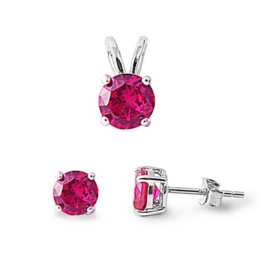 Sterling Silver Round Ruby CZ Stud Earrings and Pendant Set