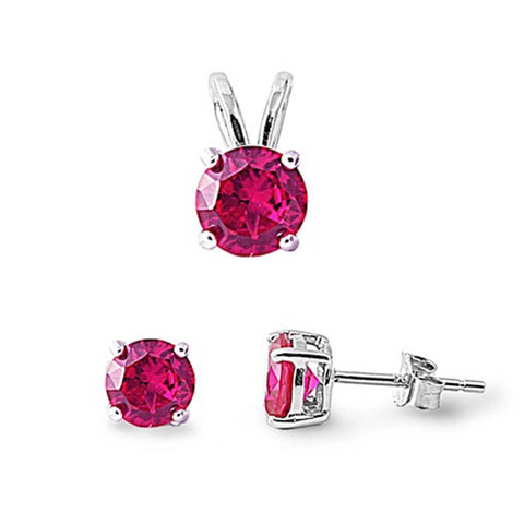 Sterling Silver Round Ruby Simulated Diamonds Stud Earrings and Pendant Set