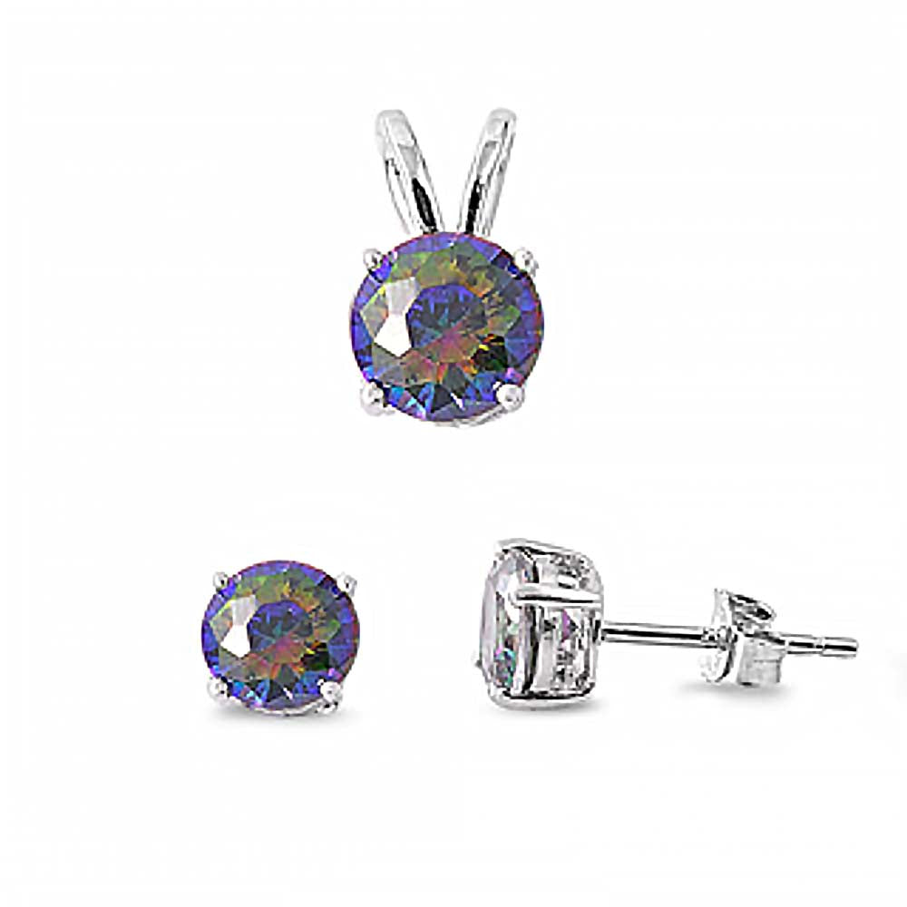 Sterling Silver Round Rainbow Topaz CZ Stud Earrings and Pendant Set