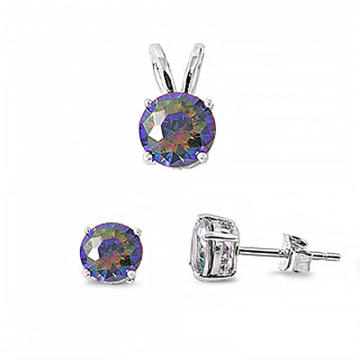 Sterling Silver Round Rainbow Topaz  Simulated Diamonds Stud Earrings and Pendant Set