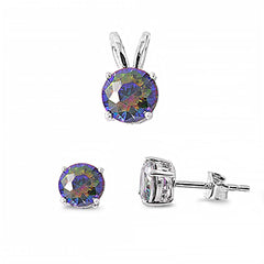 Sterling Silver Fancy Round Rainbow Topaz  Simulated Diamonds Stud Earrings and Pendant Set