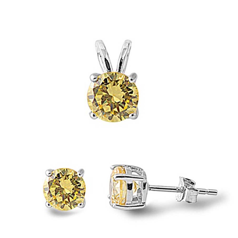 Sterling Silver Round Yellow Topaz CZ Stud Earrings and Pendant Set