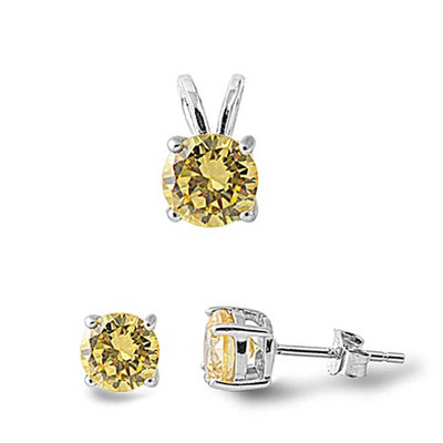 Sterling Silver Round Yellow Topaz Simulated Diamonds Stud Earrings and Pendant Set