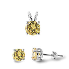 Sterling Silver Fancy Round Yellow Topaz Simulated Diamonds Stud Earrings and Pendant Set