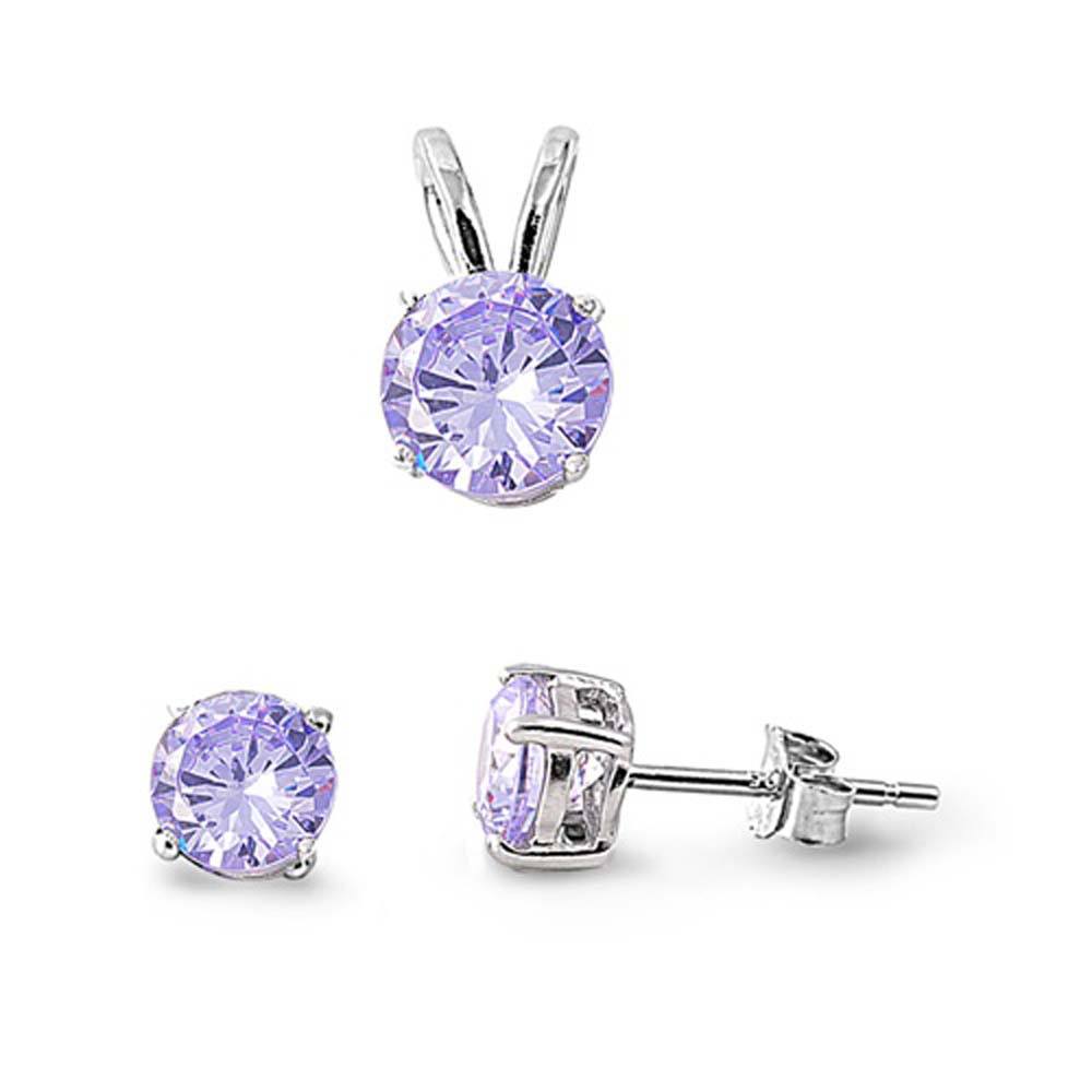 Sterling Silver Round Alexandrite CZ Stud Earrings and Pendant Set