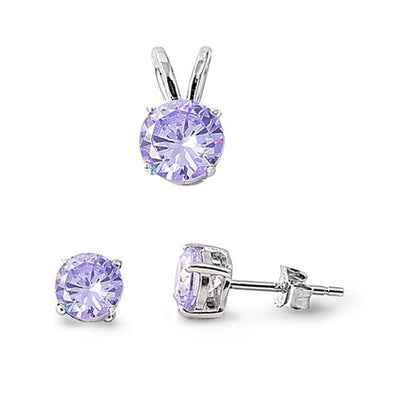 Sterling Silver Round Alexandrite Simulated Diamonds Stud Earrings and Pendant Set