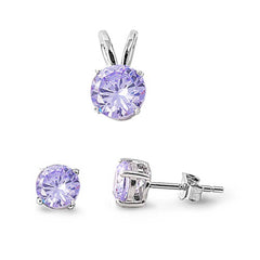 Sterling Silver Fancy Round Alexandrite Simulated Diamonds Stud Earrings and Pendant Set