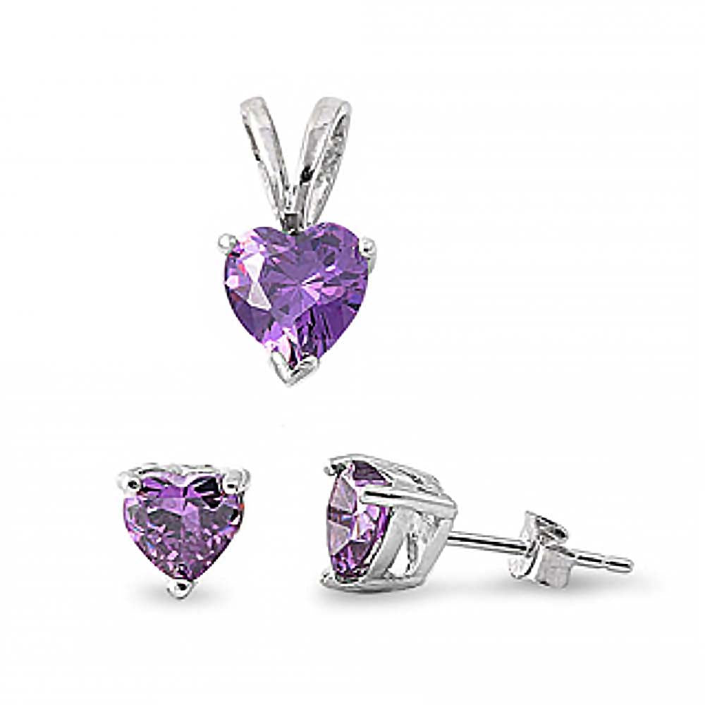 Sterling Silver Luxurious Amethyst Heart CZ Stud Earrings and Pendant Set