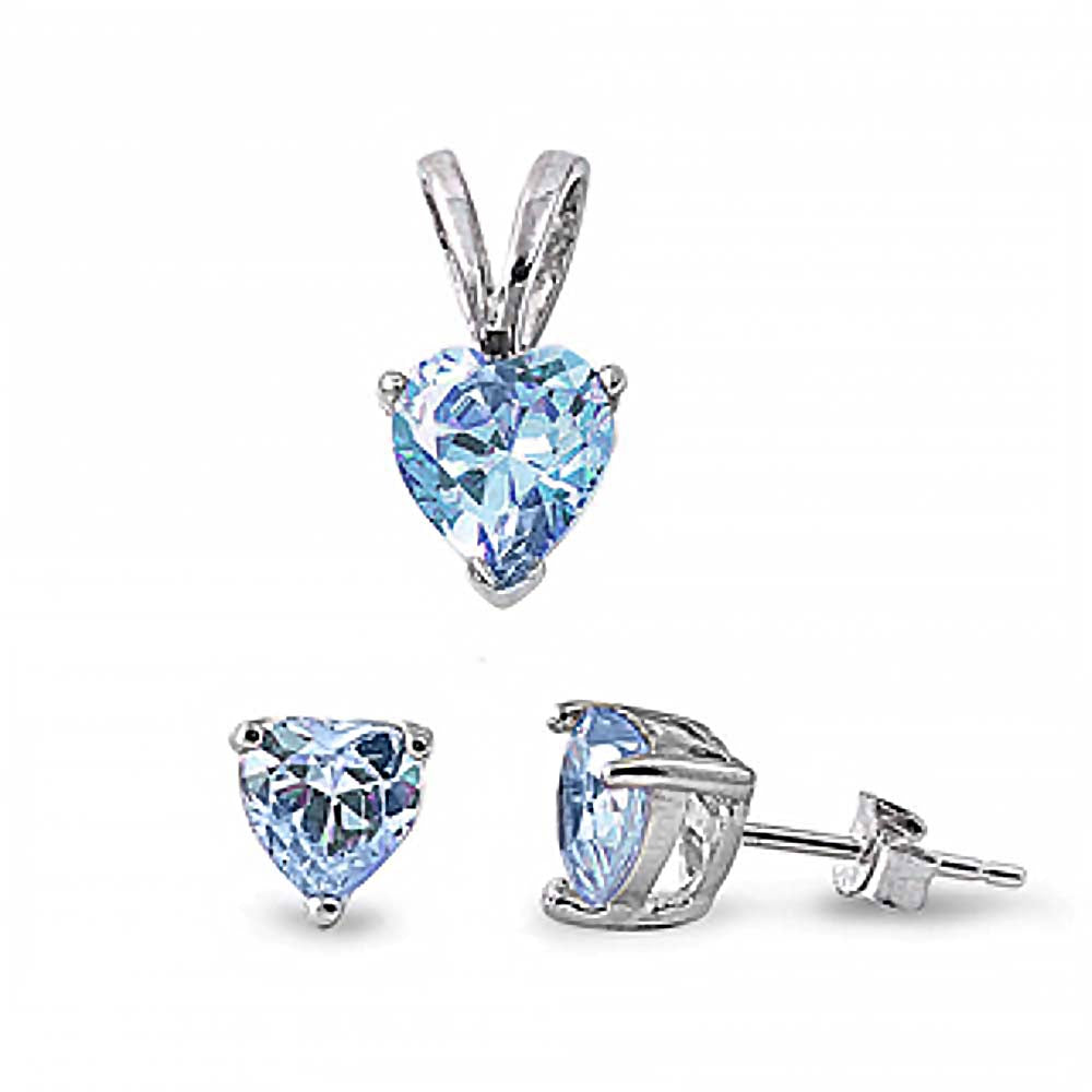 Sterling Silver Luxurious Aquamarine Heart CZ Stud Earrings and Pendant Set
