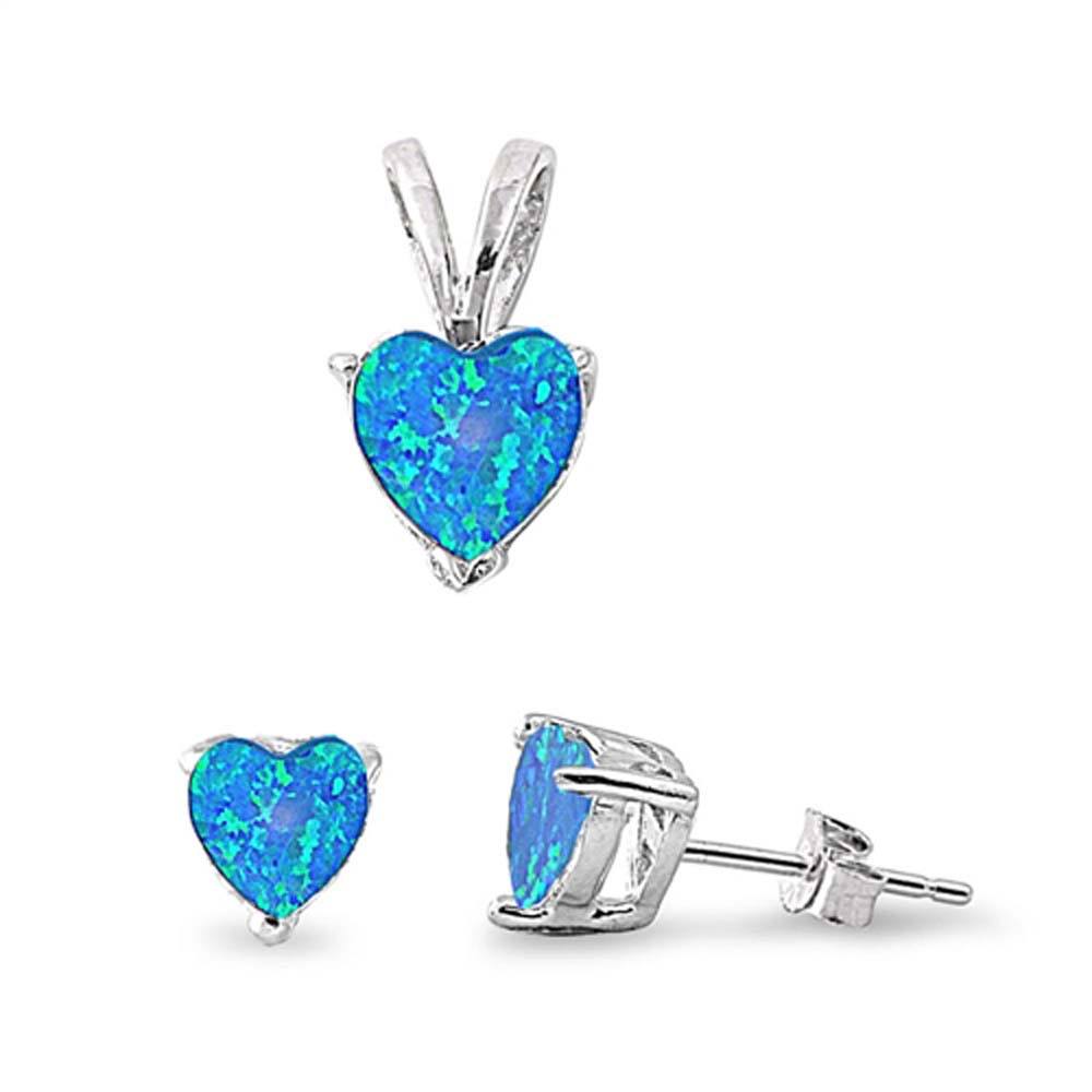 Sterling Silver Classy Blue Opal Heart Earrings and Pendant Set