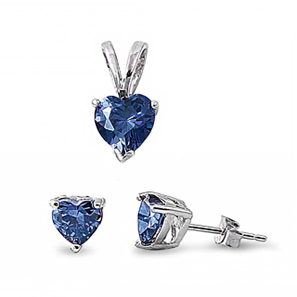 Sterling Silver Luxurious Blue Sapphire Heart Simulated Diamond Stud Earrings and Pendant Set