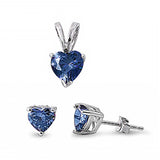 Sterling Silver Luxurious Blue Sapphire Heart CZ Stud Earrings and Pendant Set