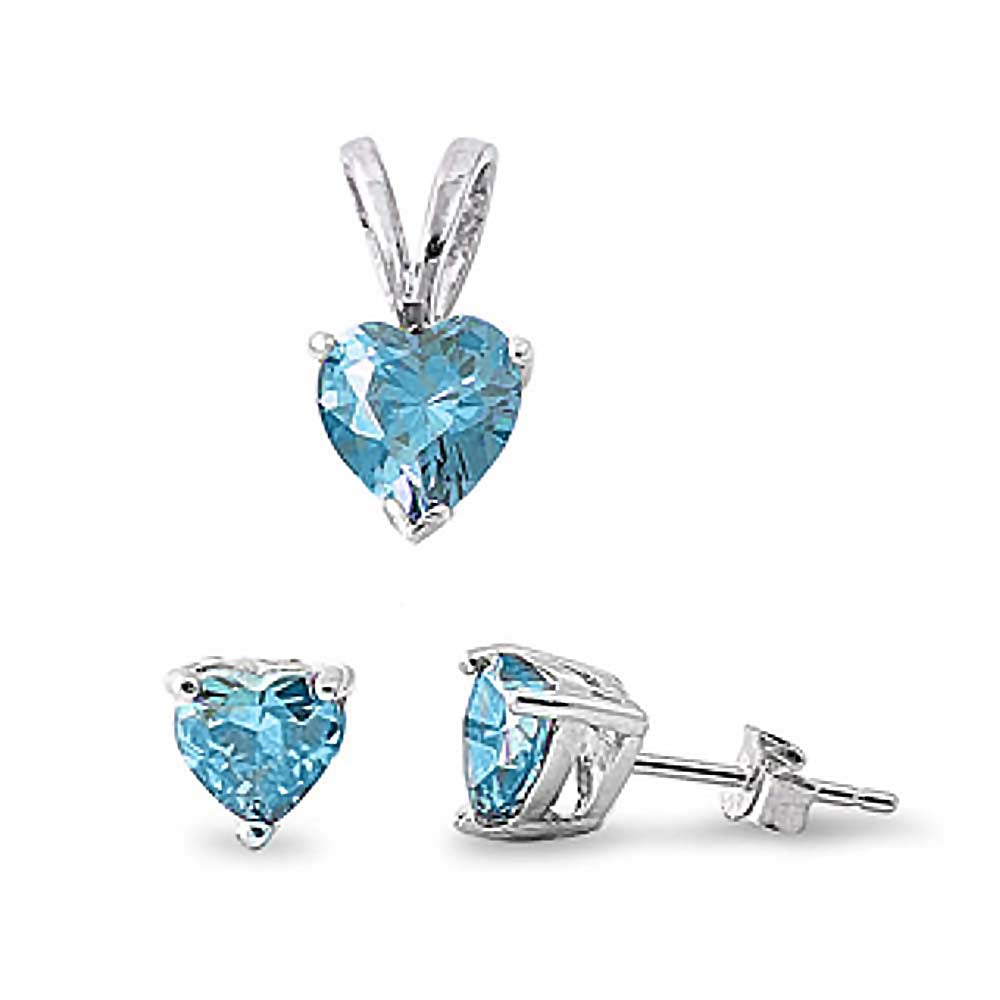 Sterling Silver Luxurious Blue Topaz Heart CZ Stud Earrings and Pendant Set
