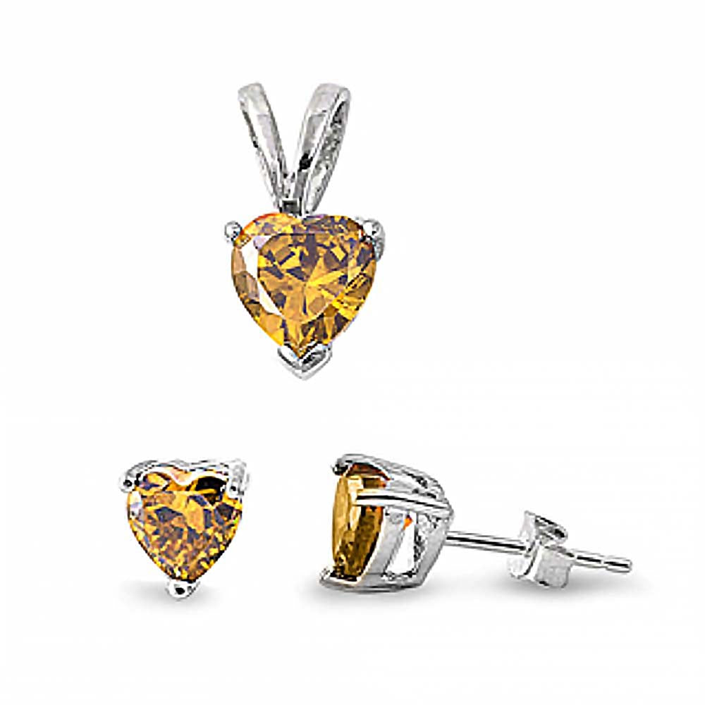 Sterling Silver Luxurious Champagne Heart CZ Stud Earrings and Pendant Set
