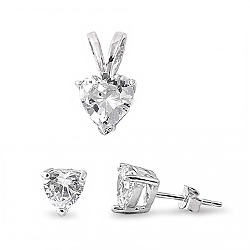 Sterling Silver Luxurious Clear Heart CZ Stud Earrings and Pendant Set