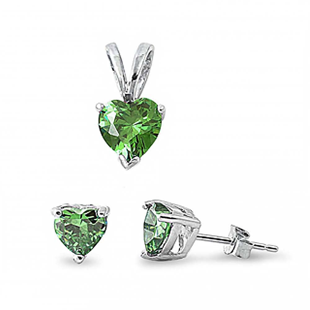 Sterling Silver Luxurious Emerald Heart CZ Stud Earrings and Pendant Set