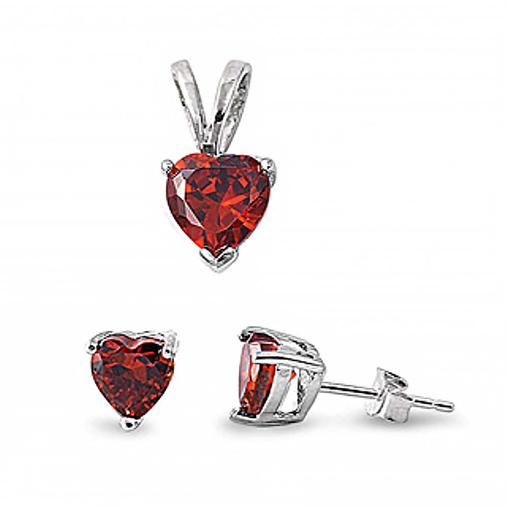 Sterling Silver Luxurious Garnet Heart CZ Stud Earrings and Pendant Set