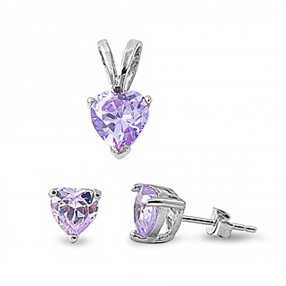 Sterling Silver Luxurious Alexandrite Heart CZ Stud Earrings and Pendant Set