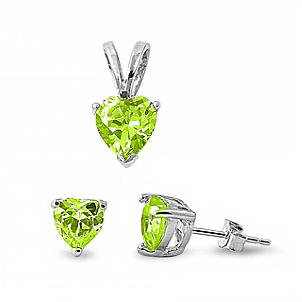 Sterling Silver Luxurious Peridot Heart CZ Stud Earrings and Pendant Set