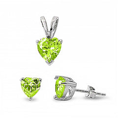 Sterling Silver Luxurious Peridot  Heart Simulated Diamond Stud Earrings and Pendant Set