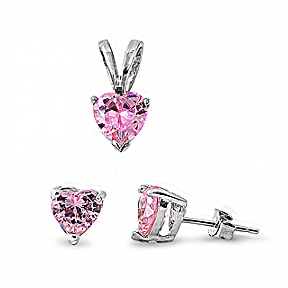 Sterling Silver Luxurious Pink Heart CZ Stud Earrings and Pendant Set