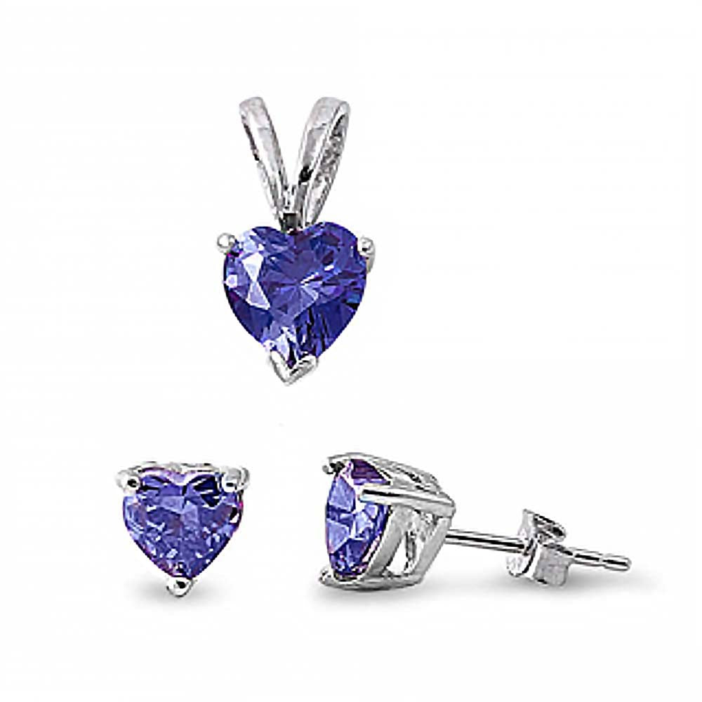 Sterling Silver Luxurious Tanzanite  Simulated  Heart Stud Earrings and Pendant Set