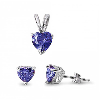 Sterling Silver Luxurious Tanzanite  Simulated  Heart Stud Earrings and Pendant Set