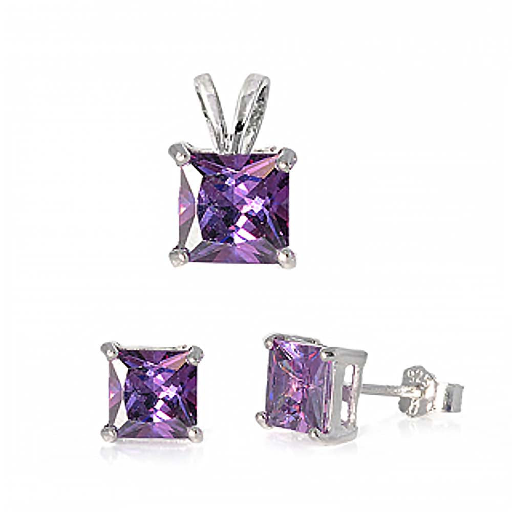 Sterling Silver Classy Princess Cut Amethyst CZ Stud Earrings and Pendant Set