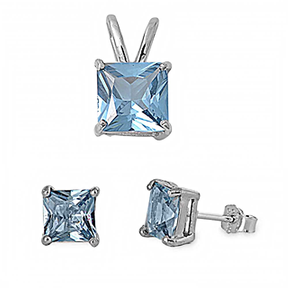 Sterling Silver Classy Princess Cut Aquamarine CZ Stud Earrings and Pendant Set