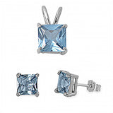 Sterling Silver Classy Princess Cut Aquamarine Simulated Diamonds Stud Earrings and Pendant Set