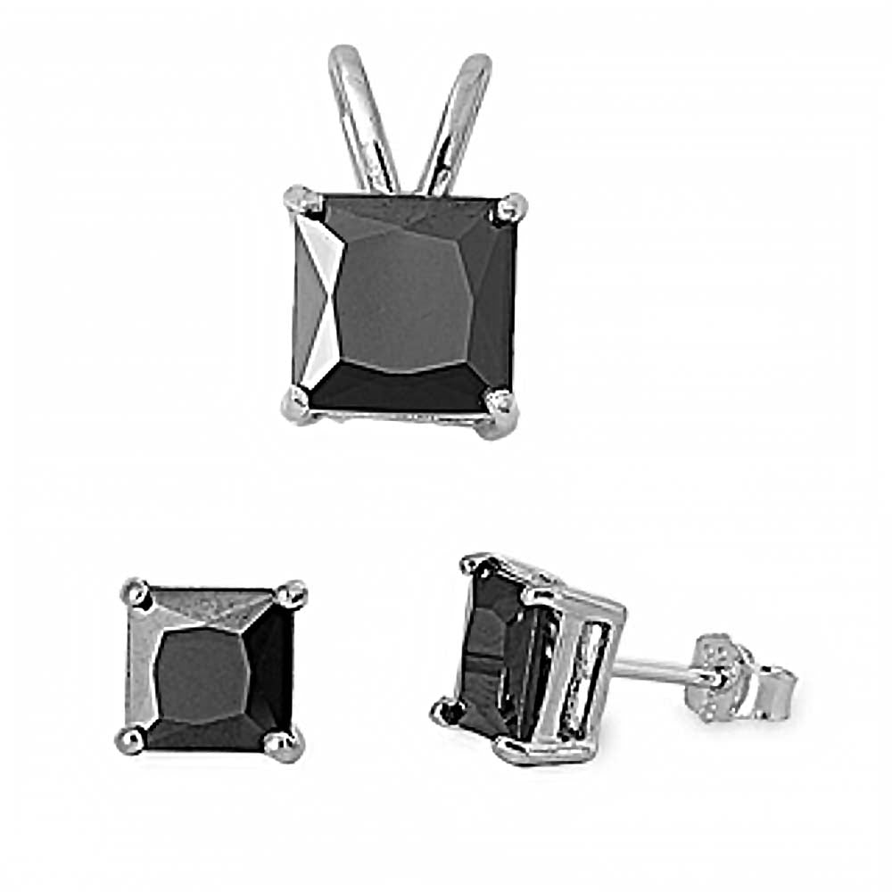 Sterling Silver Classy Princess Cut Black CZ Stud Earrings and Pendant Set