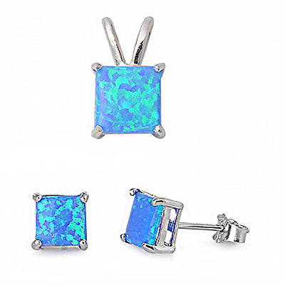 Sterling Silver Classy Princess Cut Blue Lab Opal Simulated Diamonds Stud Earrings and Pendant Set