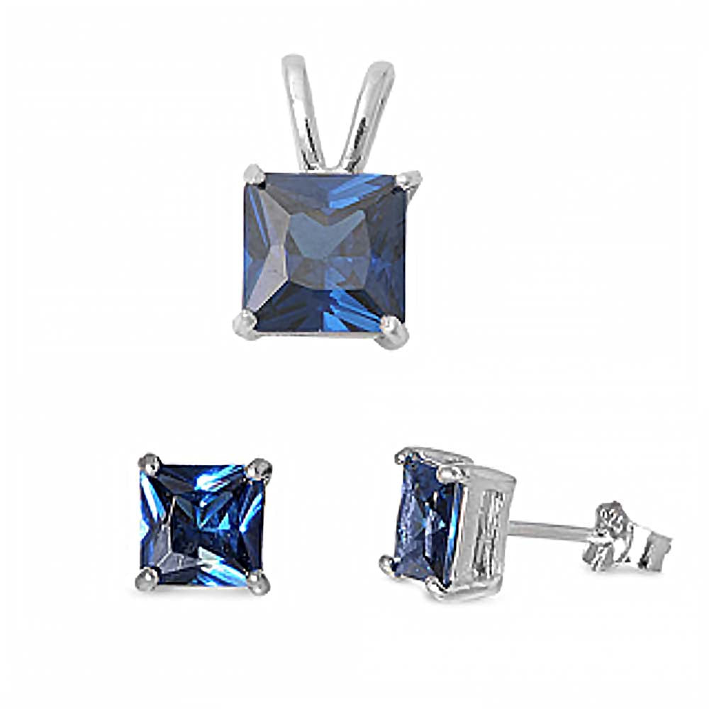 Sterling Silver Classy Princess Cut Blue Sapphire CZ Stud Earrings and Pendant Set
