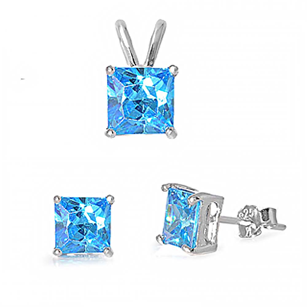 Sterling Silver Classy Princess Cut Blue Topaz CZ Stud Earrings and Pendant Set