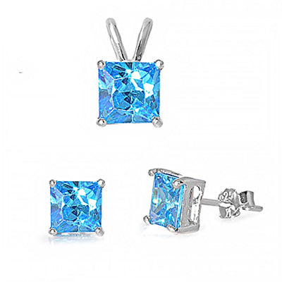 Sterling Silver Classy Princess Cut Blue Topaz Simulated Diamonds Stud Earrings and Pendant Set