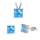 Sterling Silver Classy Princess Cut Blue Topaz Simulated Diamonds Stud Earrings and Pendant Set