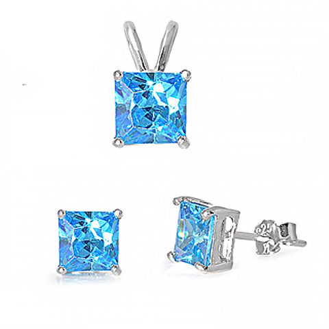 Sterling Silver Classy Princess Cut Blue Topaz Simulated Diamonds Stud Earrings and Pendant Set