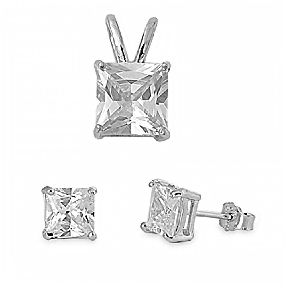 Sterling Silver Classy Princess Cut Clear CZ Stud Earrings and Pendant Set
