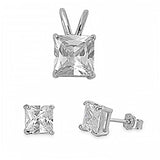 Sterling Silver Classy Princess Cut Clear Simulated Diamonds Stud Earrings and Pendant Set