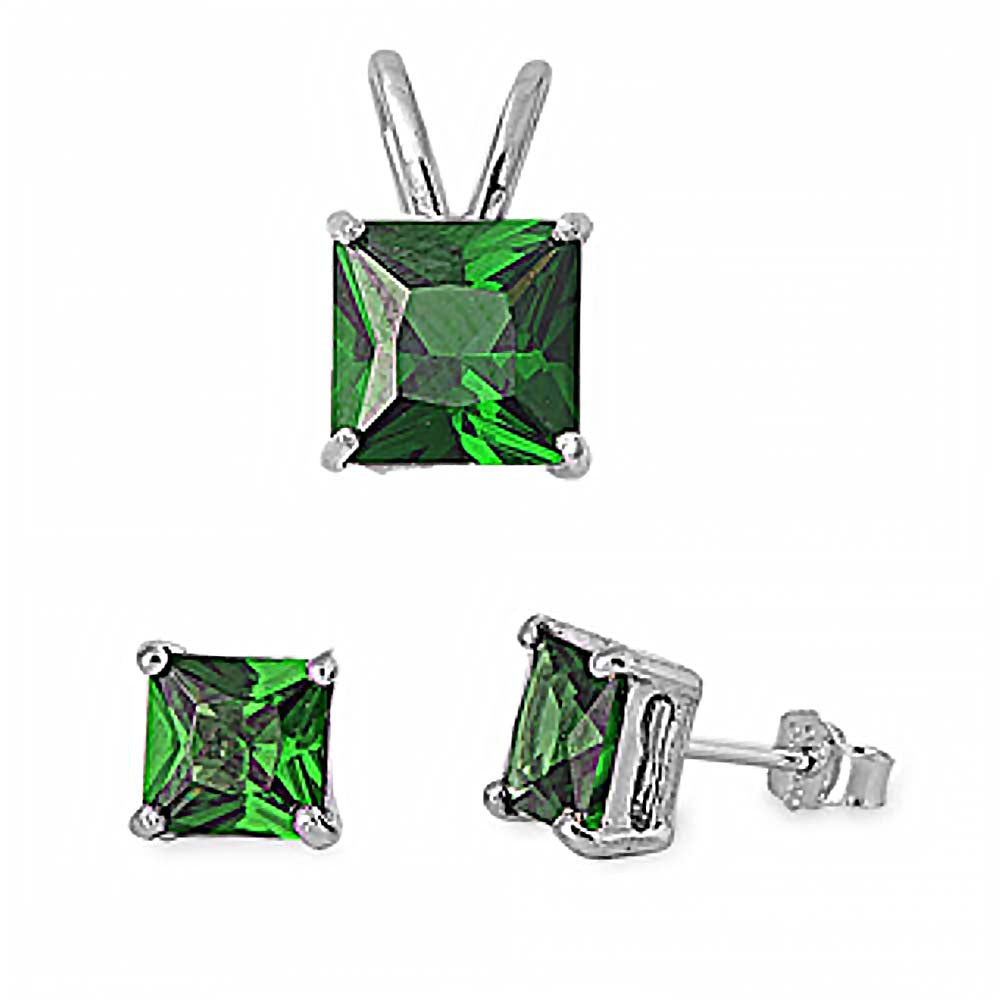 Sterling Silver Classy Princess Cut Emerald CZ Stud Earrings and Pendant Set