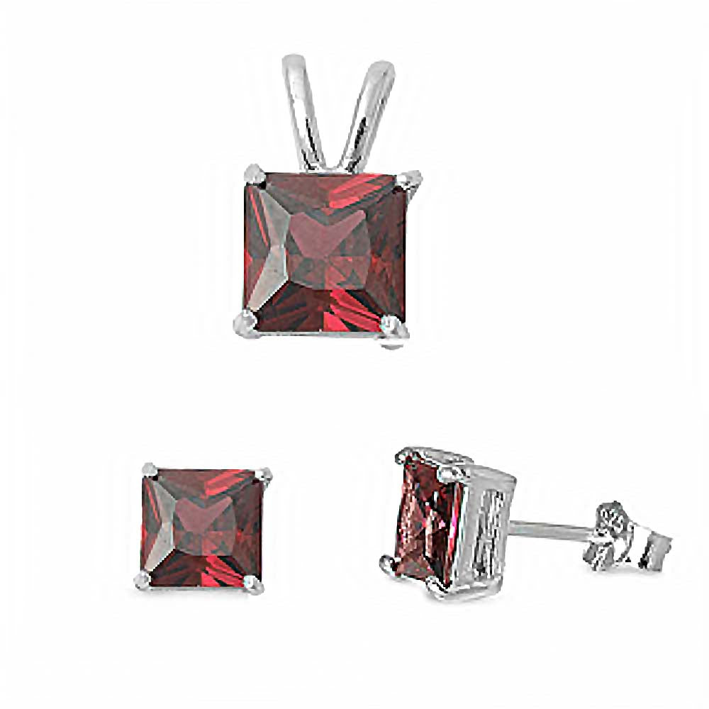 Sterling Silver Classy Princess Cut Garnet Simulated Diamonds Stud Earrings and Pendant Set