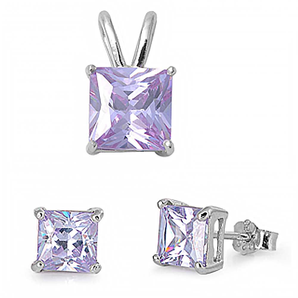 Sterling Silver Classy Princess Cut Lavender  CZ Stud Earrings and Pendant Set
