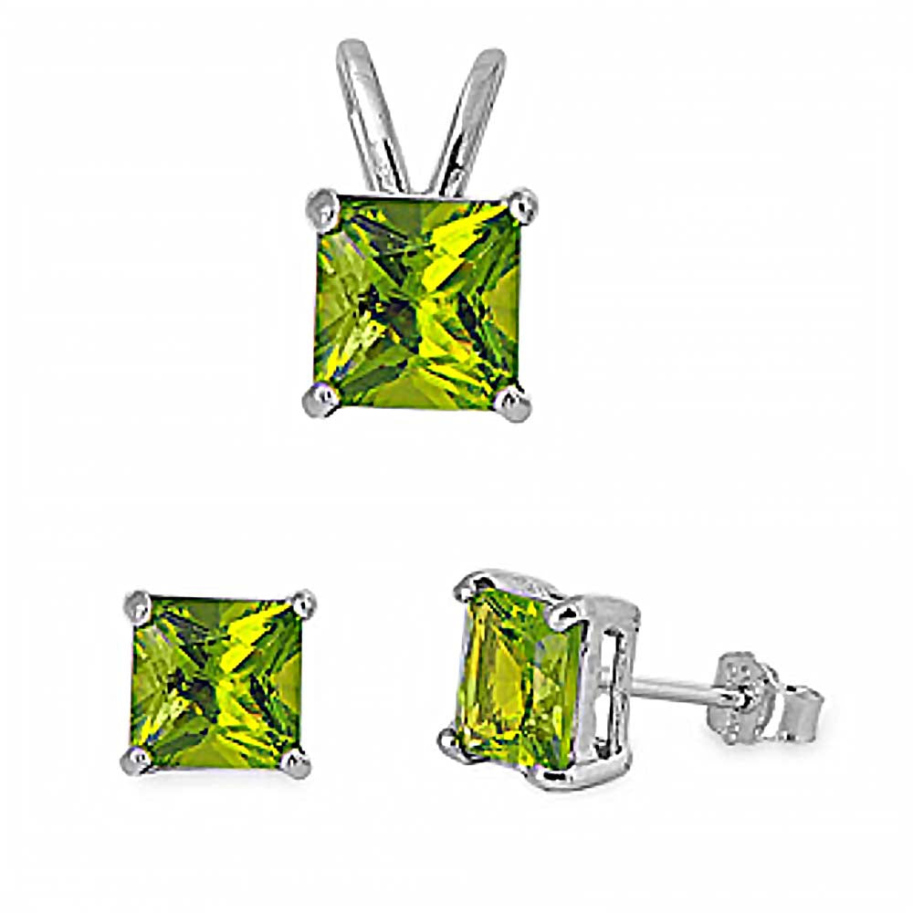 Sterling Silver Classy Princess Cut Peridot CZ Stud Earrings and Pendant Set
