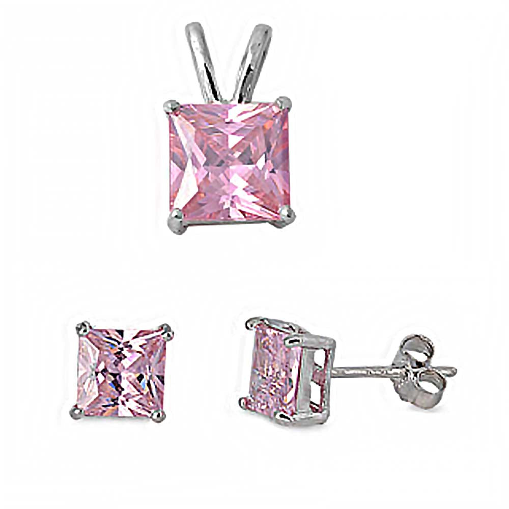 Sterling Silver Classy Pink Princess Cut   CZ Stud Earrings and Pendant Set