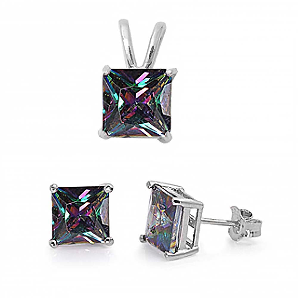 Sterling Silver Classy Princess Cut Rainbow Topaz CZ Stud Earrings and Pendant Set